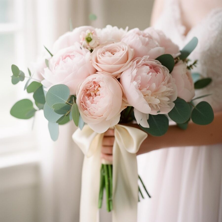 Bride holding a soft pink peony bouquet