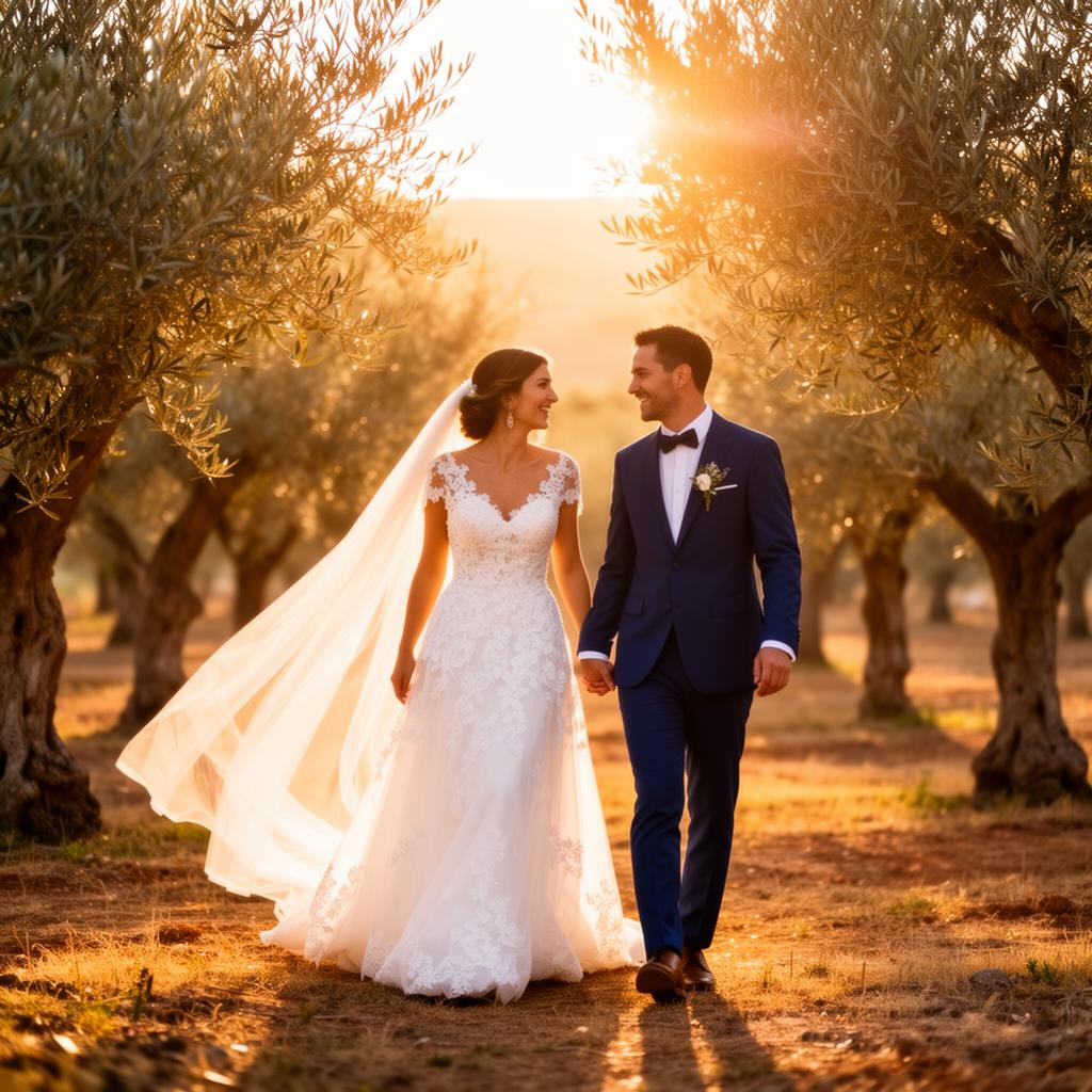 Bride and groom walking through a sunlit olive grove at golden hour