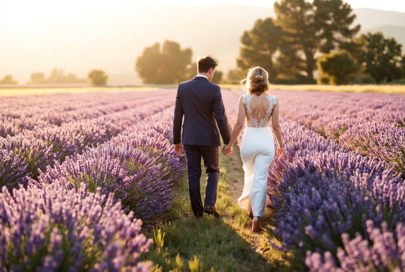 Bride and groom walking through a lavender field