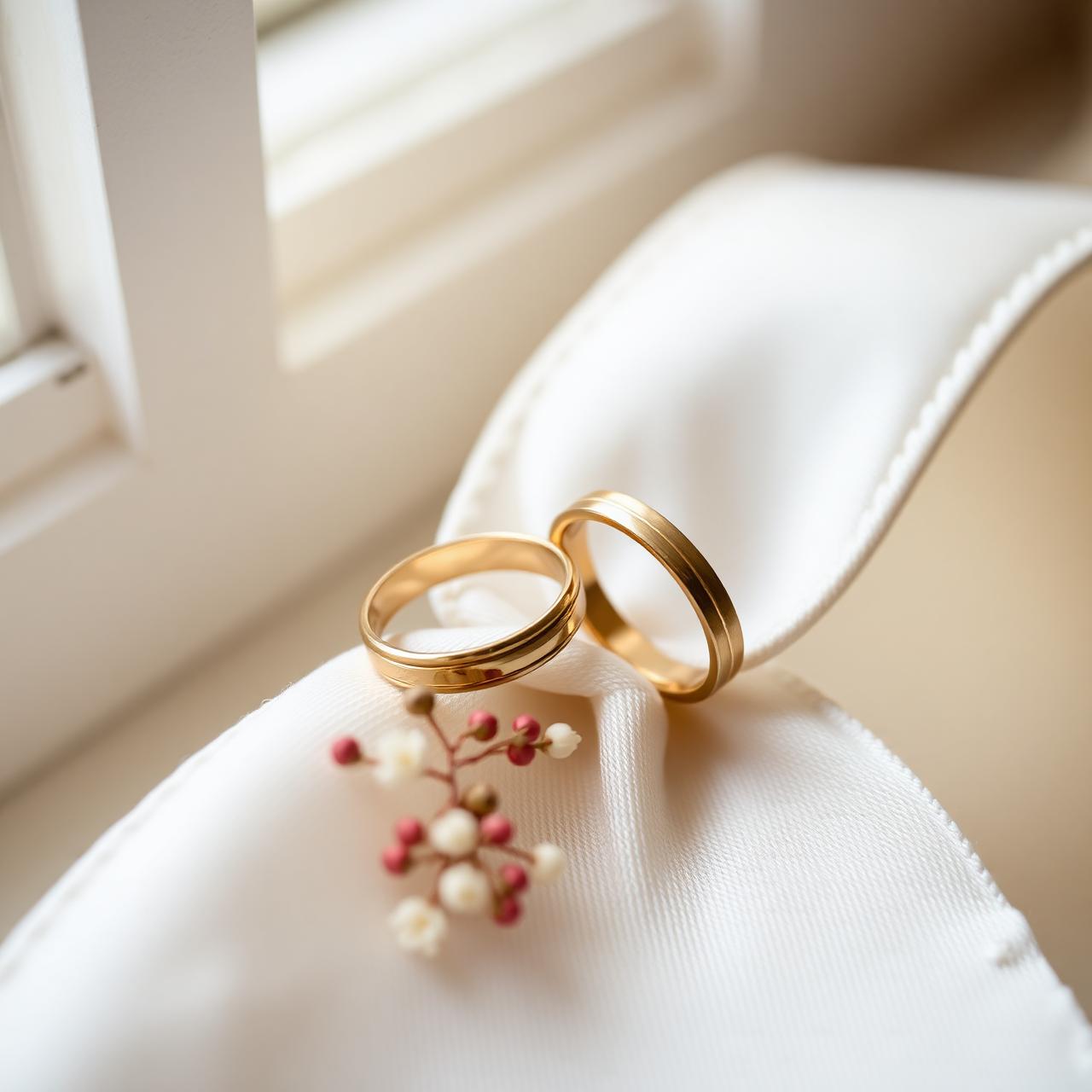 Two gold wedding rings on ivory silk