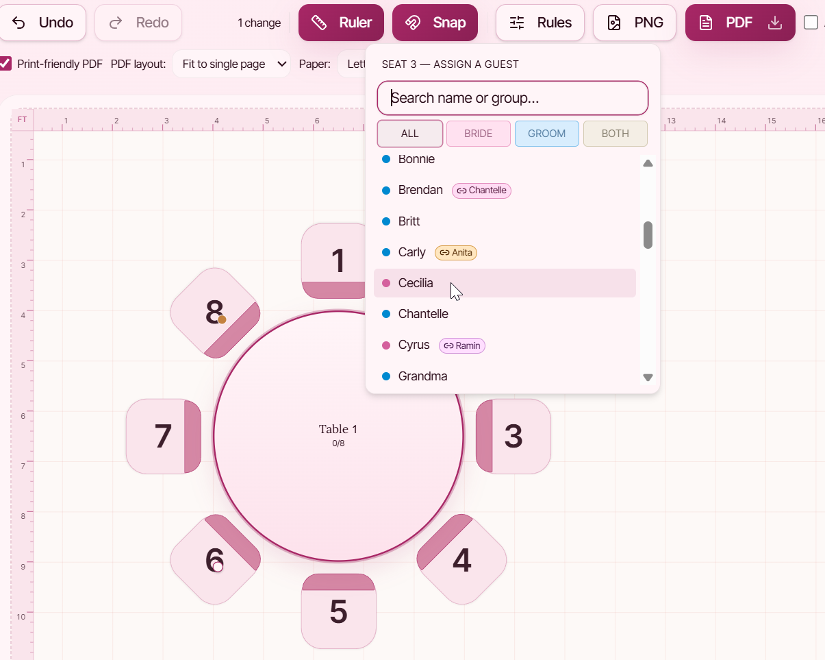 The seating chart editor inside Evermore Planner, showing the floor-plan controls, table library and room dimensions.